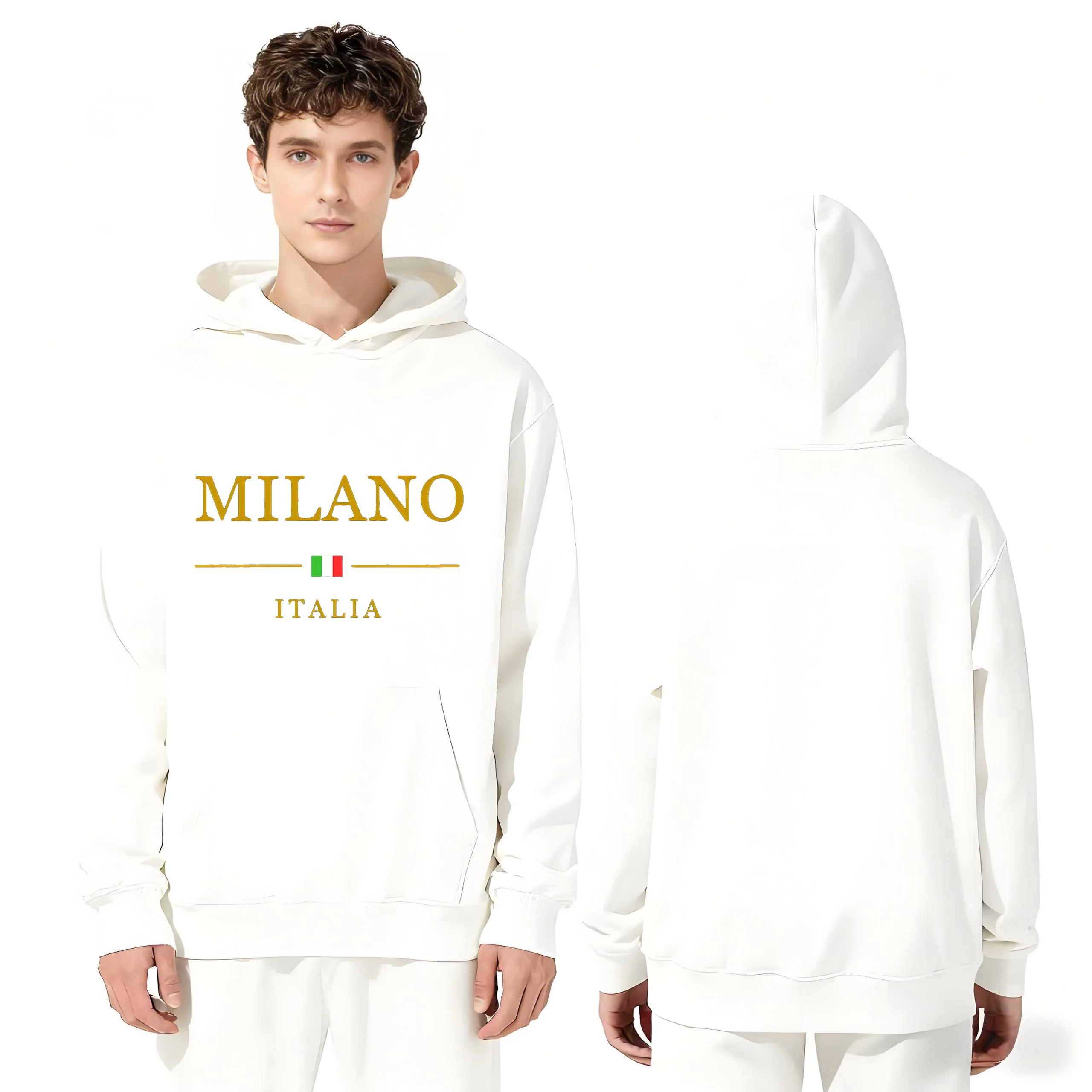 

2025 New Fashion Milano Italia Print Hoodie 330gsm Heavyweight Sweatshirt Comfortable Unisex Pullover White Casual Streetwear