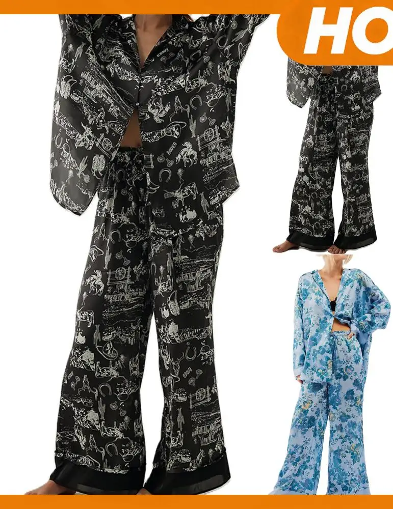 

Женский атласный пижамный комплект: рубашка на пуговицах и брюки с широкими штанинами, одежда для сна