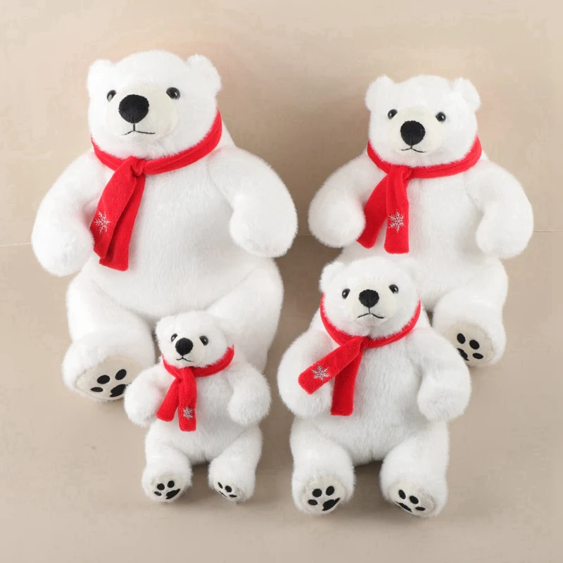 Großfüßiger Sitzender Eisbär Plüschtier mit Rotem Schal Flauschiges Gestopftes Eisbär-Kuscheltier Weiches Rundes Wildtier Zoo-Souvenir – Detail 2