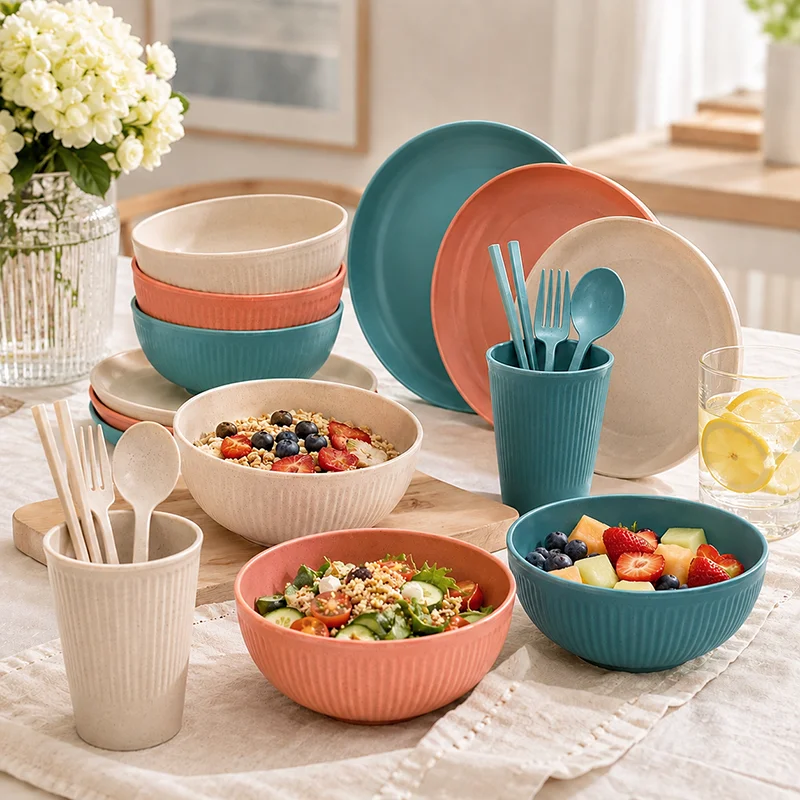 21/7Pcs Wheat Straw Dinnerware Set, Unbreakable Tableware, Reusable Bowl Plate Cup Set for Home Camping Picnic