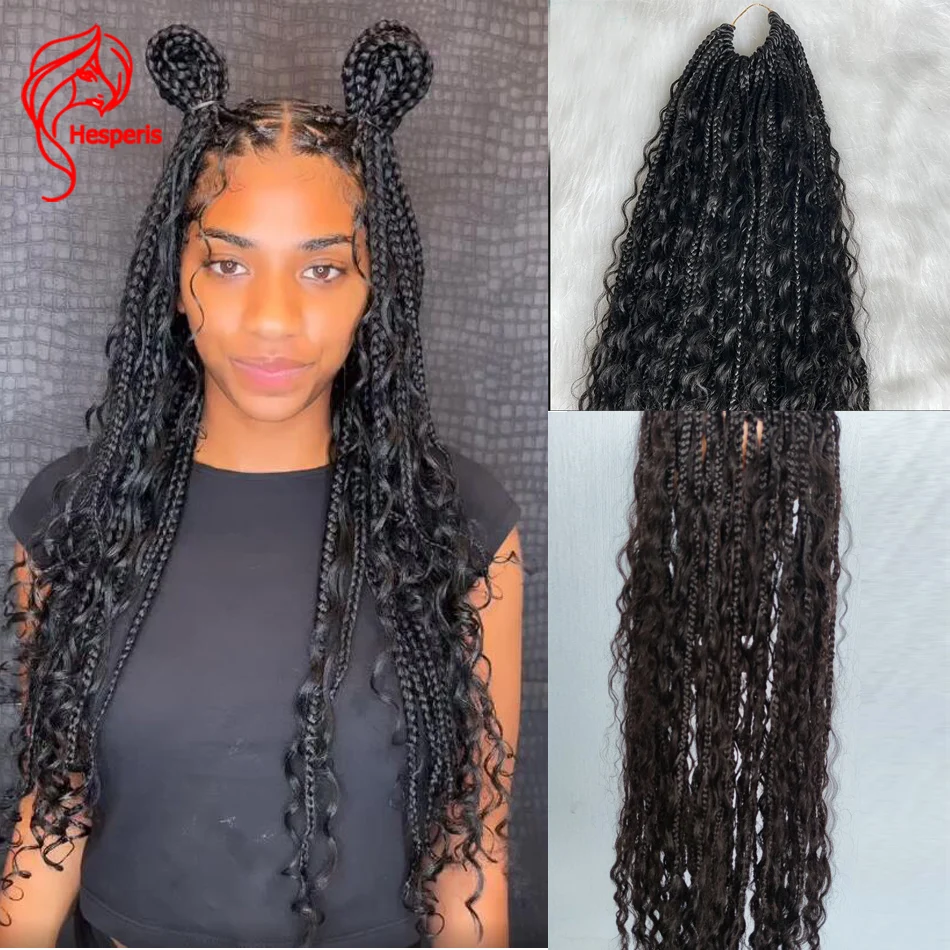 Hesperis Human Hair Curls Extensions Goddess Boho Box Braids Crochet Hair Curly Ends Bohemian Pre-looped Synthetic Braids