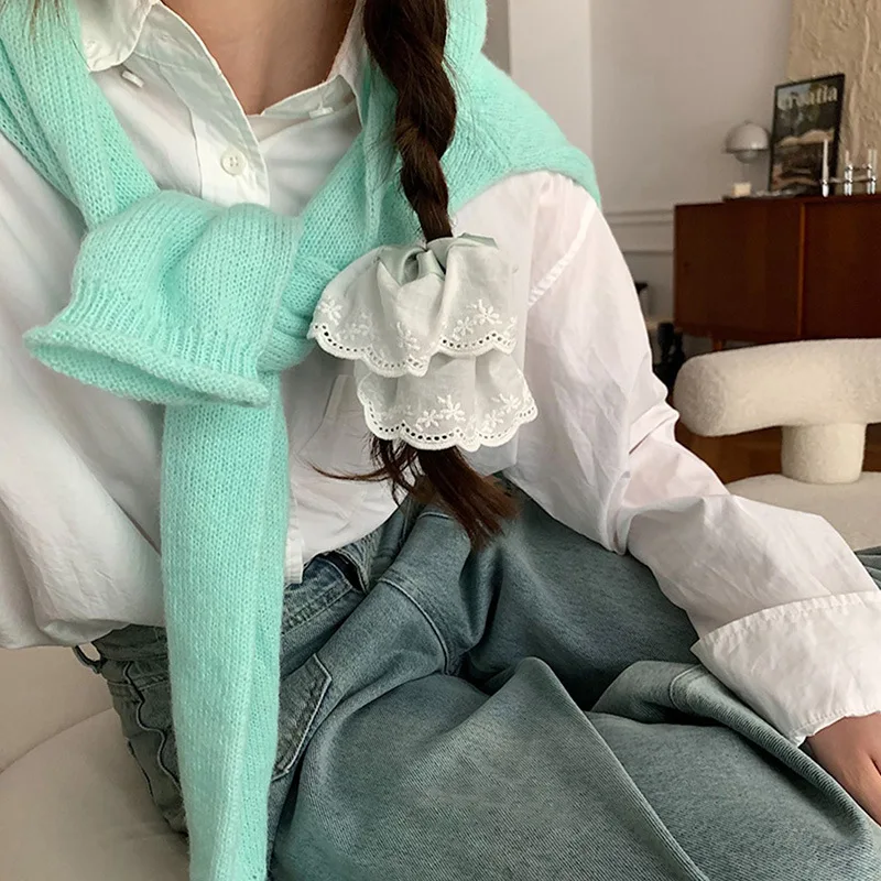 Korean New Fresh Green Lace Girly Scrunchie Large Ruffled Hair Accessory Vintage Ballet-Style Satin Elastic Hair Rope