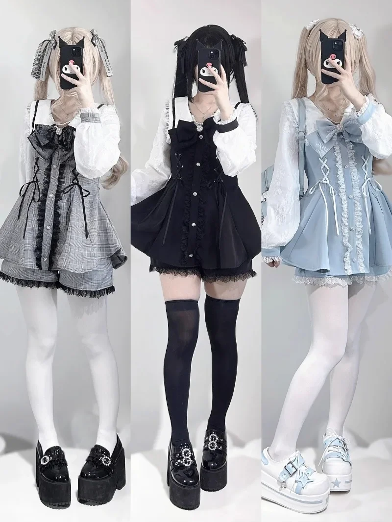 

Japanese Original Design Mass-produced Mine-tie Long-sleeved Bow Lace Slim-fit Top Dress and Base Shorts Two Piece Set