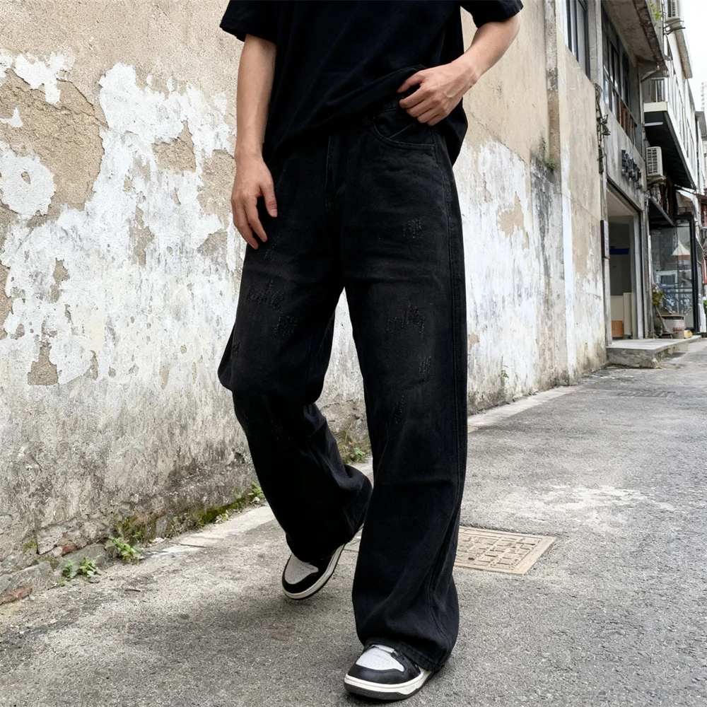 

KUCLUT Fashion High Street Vintage Straight Pants Solid Color Printed Trousers Loose Oversize Zipper Jeans For Men Woman