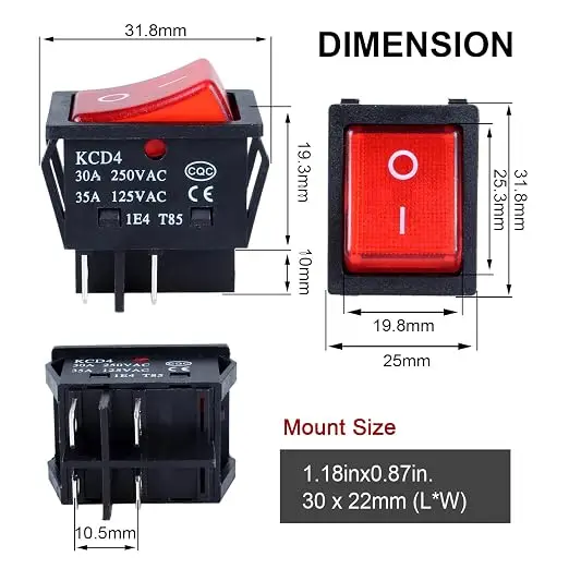 5PCS 30A 250V Heavy Duty KCD4 Rocker Switch ON Off DPST 4 Pin With Red Lighted 220V Toggle Switch