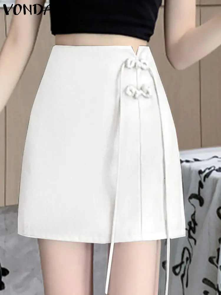 2024 VONDA Chinese Style Women Hot Skirts Fashion High Waist Casual A-Line Short Skirts Bow Solid Color Elegant Mini Bottoms