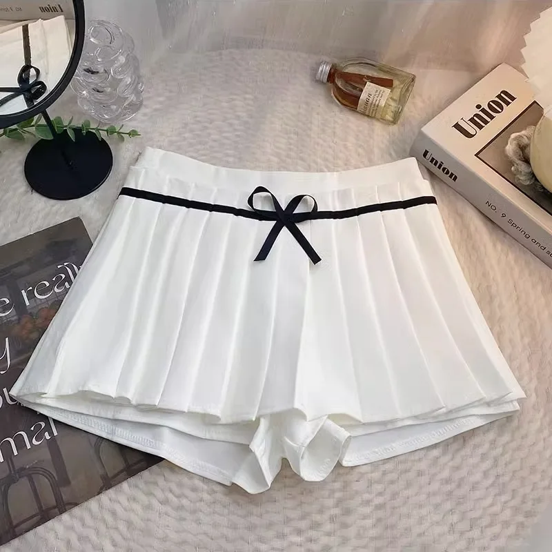 

Pleated Mini Skirts Women Sweet Bow Design Tender Panelled Preppy Style Fashion High Waist Girlish Streetwear Summer Soft Faldas