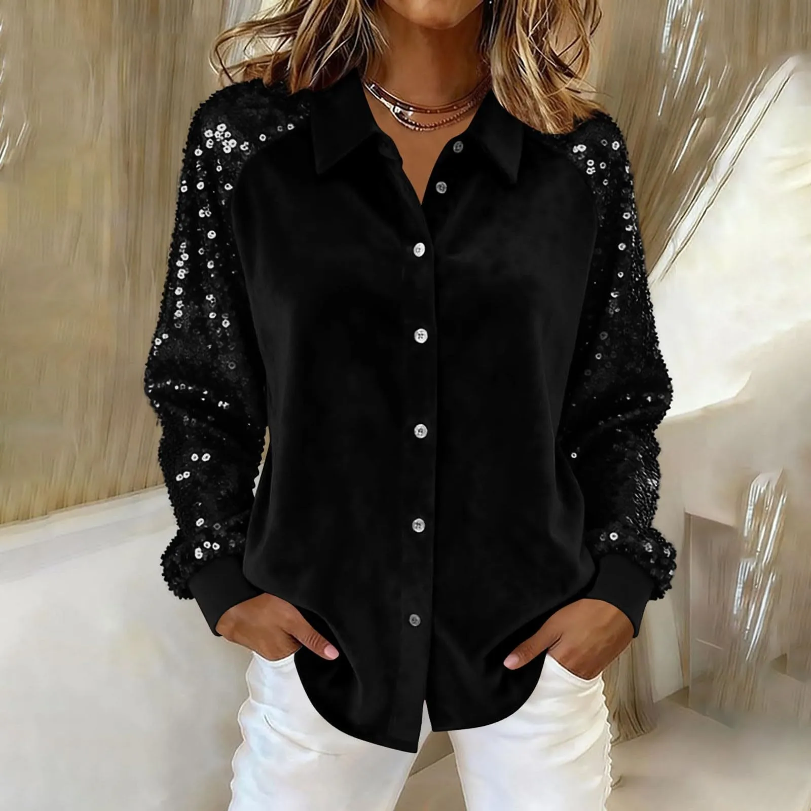 Sequined Loose Fit Shirt with 3d Effect Pattern European and American Style Mid Long Length Regular Sleeve V Neck Women Blouse