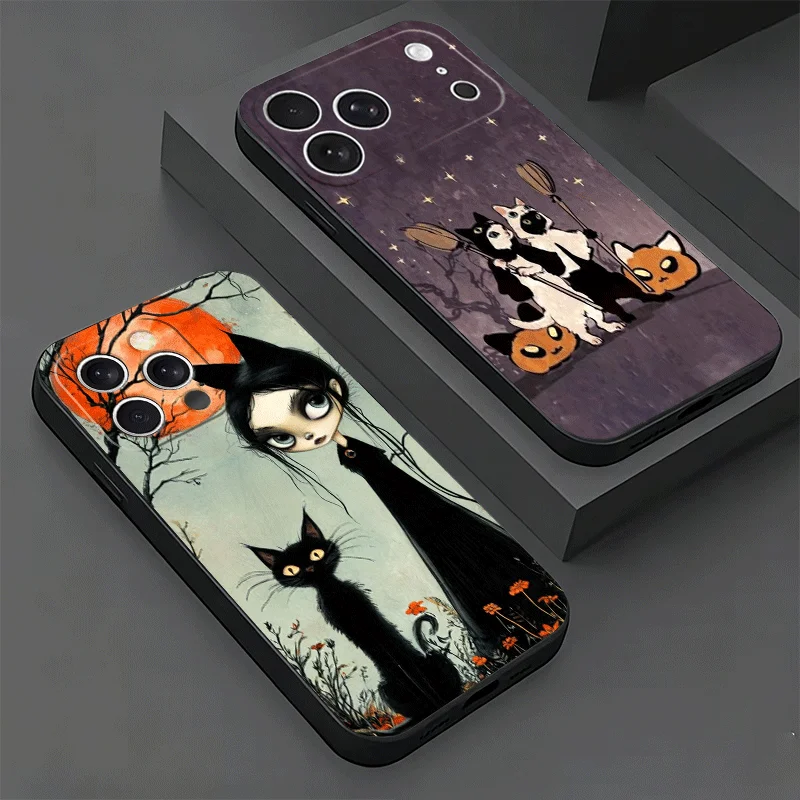 Black Cat Witch Aesthetics Phone Case For iPhone 18 17 16 15 Plus 14 Pro Max 17E 16E 11 13 12 Mini XS X 7 SE Pattern Cover 17 Ai