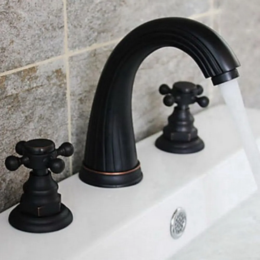 

Black Oil Rubbed Bronze Widespread Bathroom Basin Mixer Taps Dual Handles Deck Mounted 3 Holes Basin Sink Faucet Bnf281