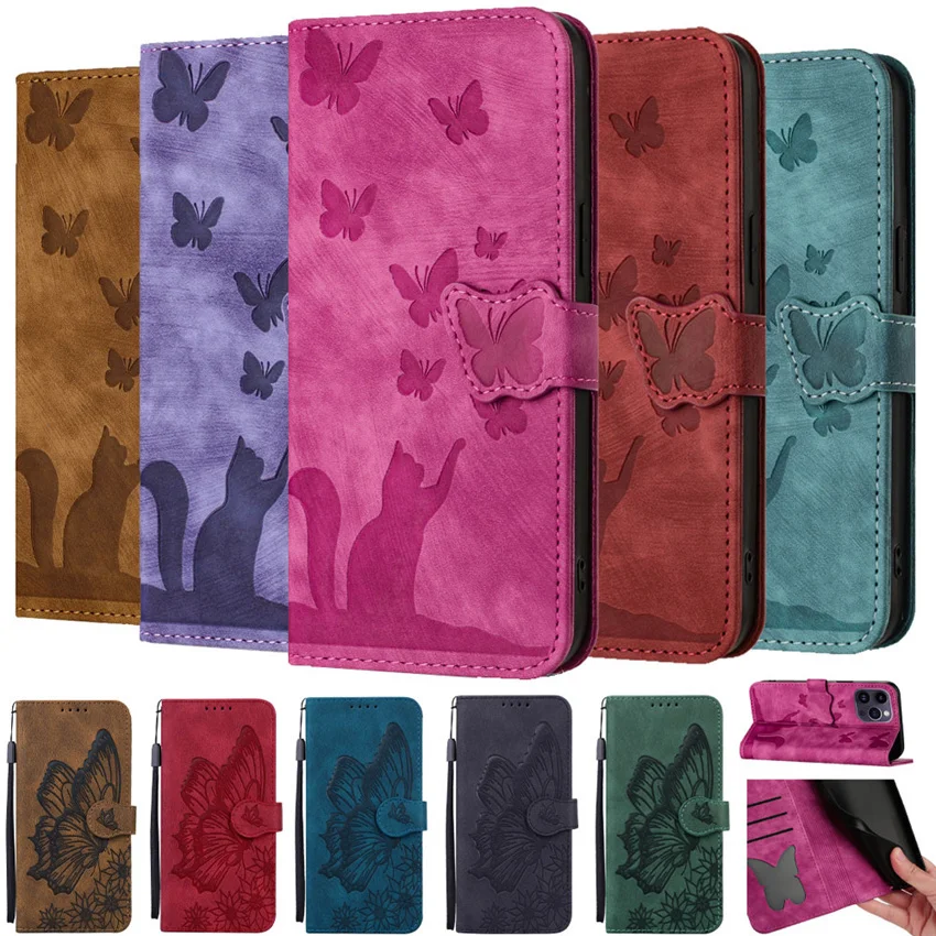 Cat Butterfly Flip Leather Phone Case For Redmi Note 8 9 10 11 12 Pro 10S 11S 12S Card Holder Cover