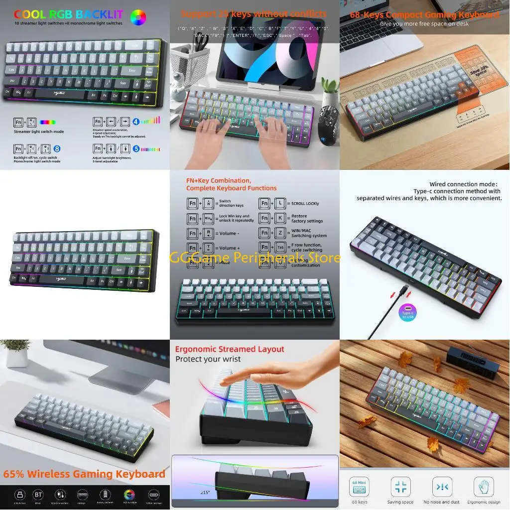 

U55B Компактная беспроводная клавиатура с 68 клавишами, плавное переключение устройств, бесшумное использование