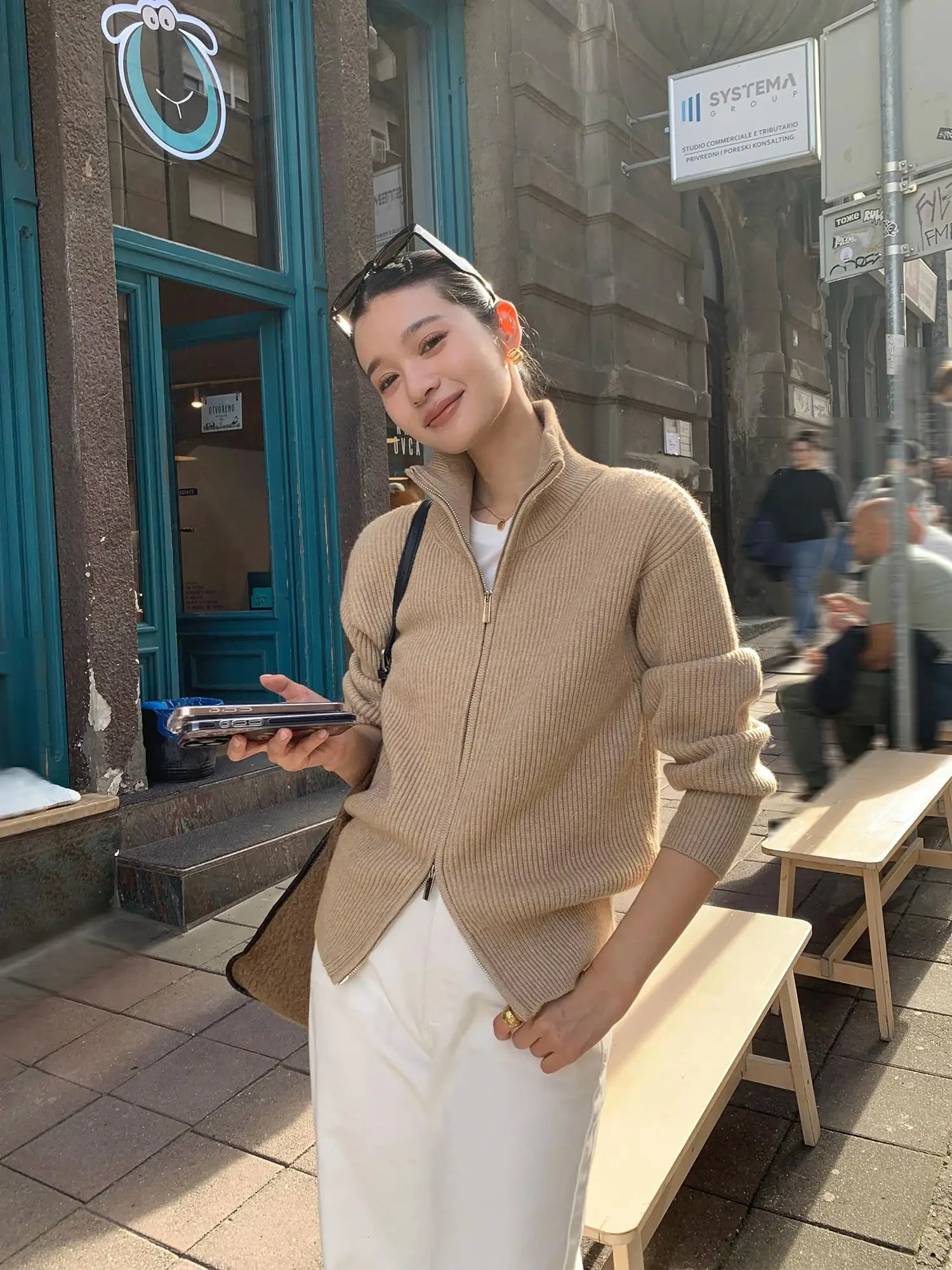 

Черный кашемировый свитер с двойной молнией и лацканами, кардиган, женский осенне-зимний темпераментный свободный свитер с высоким воротником, куртка