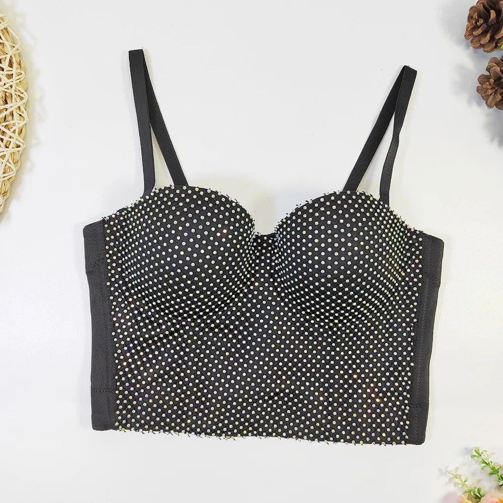 SXTHAENOO New Elegant Spaghetti Strap Women Sexy Diamond Grid Spliced Femme Corset Crop Tank Tops with Built In Bras Camisoles