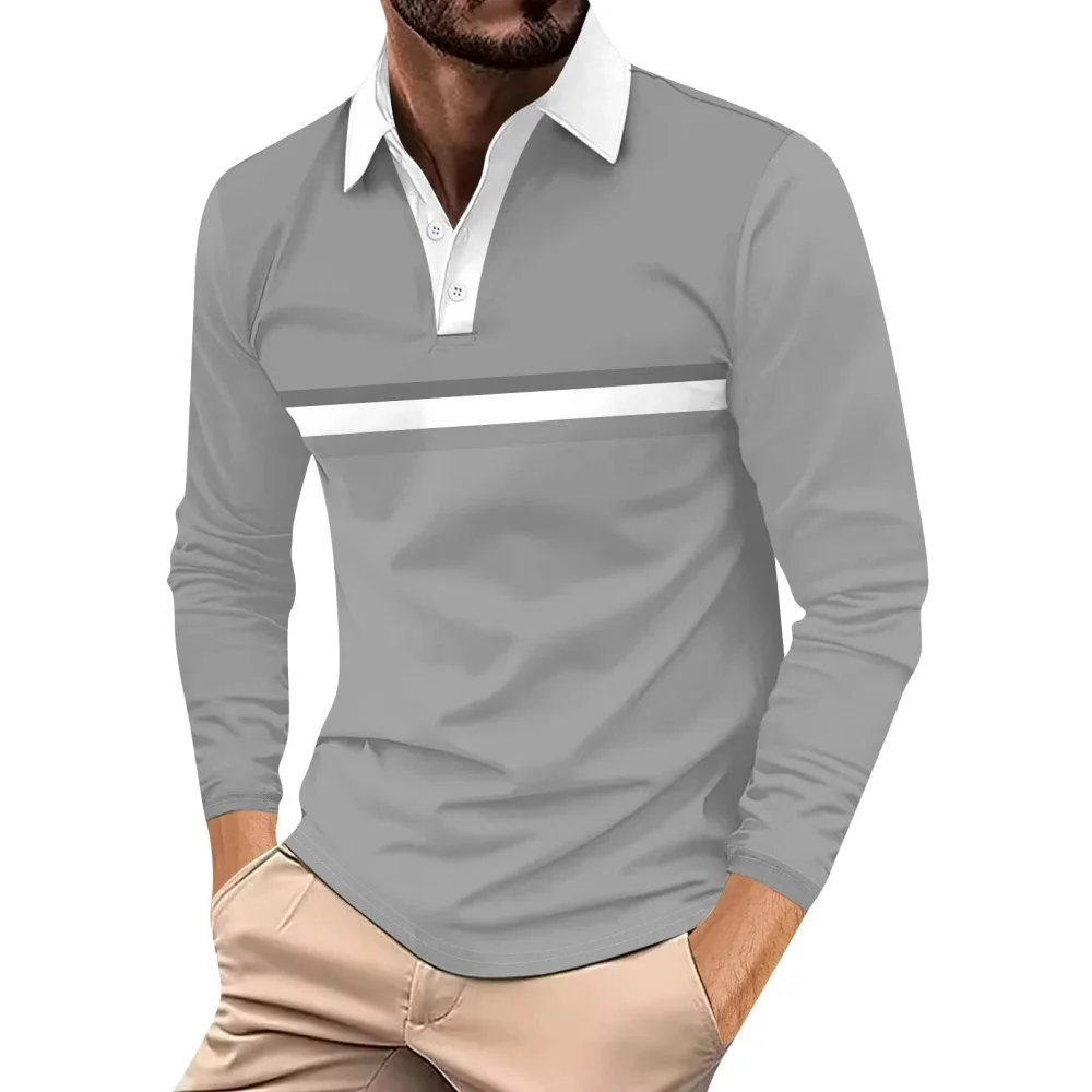 Color Blocking Print Polo Shirts Men Simple Fashion Lapel Golf Wear Men\'s T-Shirt Tops Street Sports Long Sleeve T-Shirt Man