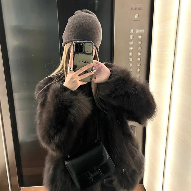 Lux Winter New High Quality Black Soft Thick Warm Hairy Shaggy Faux Fox Fur Jacket Coat for Women Long Sleeve Fluffy Jacket