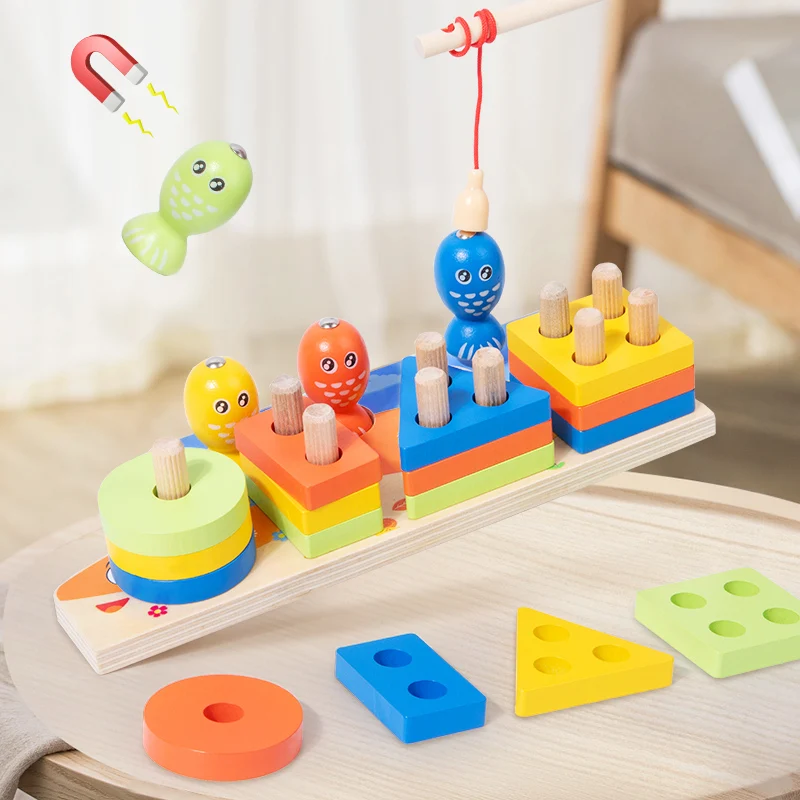 2in1 Montessori Toys Wooden Sorting And Stacking Fishing Children Toys Baby Early Educational Puzzles Game Color Shape Cognition