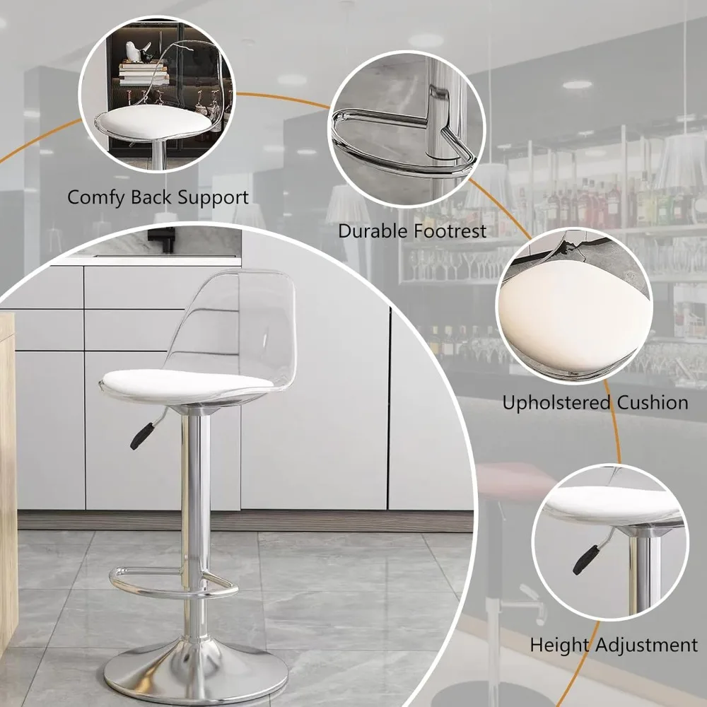 Taburetes de bar Juego de 4, taburetes de bar giratorios ajustables de cuero Pu taburete de bar de altura de mostrador de cocina taburete de bar transparente con ergonomía respaldo