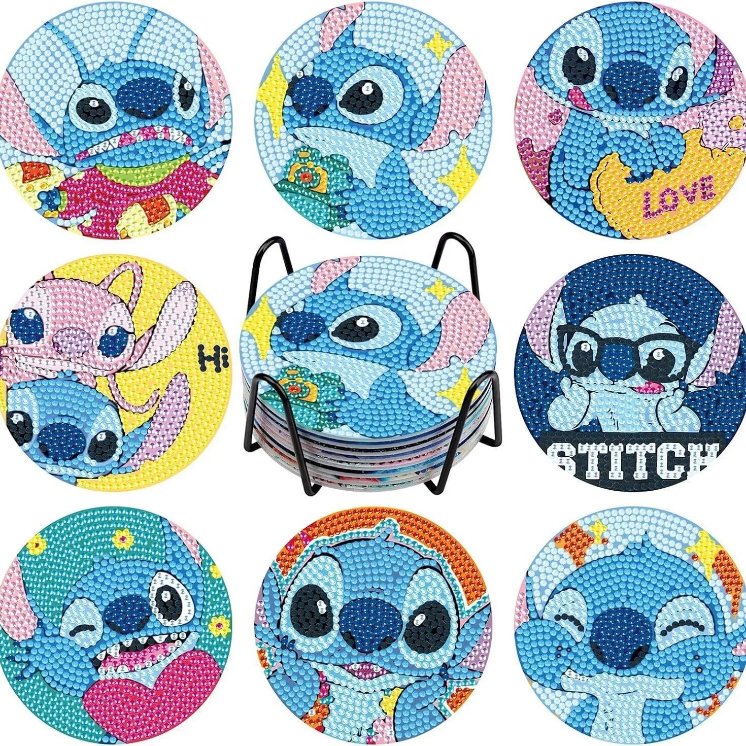 

Hot Selling DIY Stitch Diamond Painting Coasters with Holder 8pcs Cartoon Character Souvenirs New Arrival