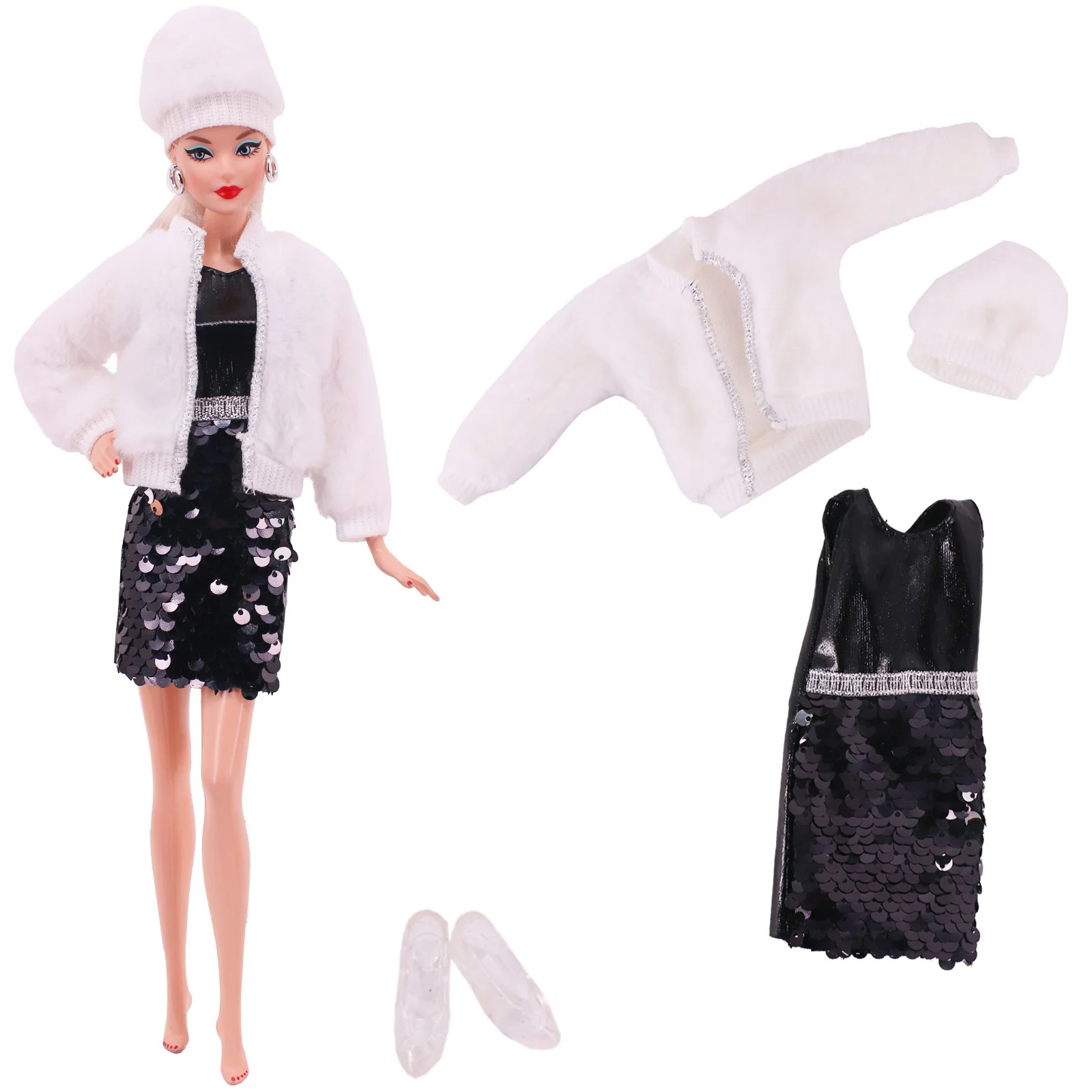 Barbies Doll Clothes Plush Jacket + Fashionable Suit Skirt +Beret Hat Suitable For 11.8inch  Doll Casual Clothing Free Shoe Gift