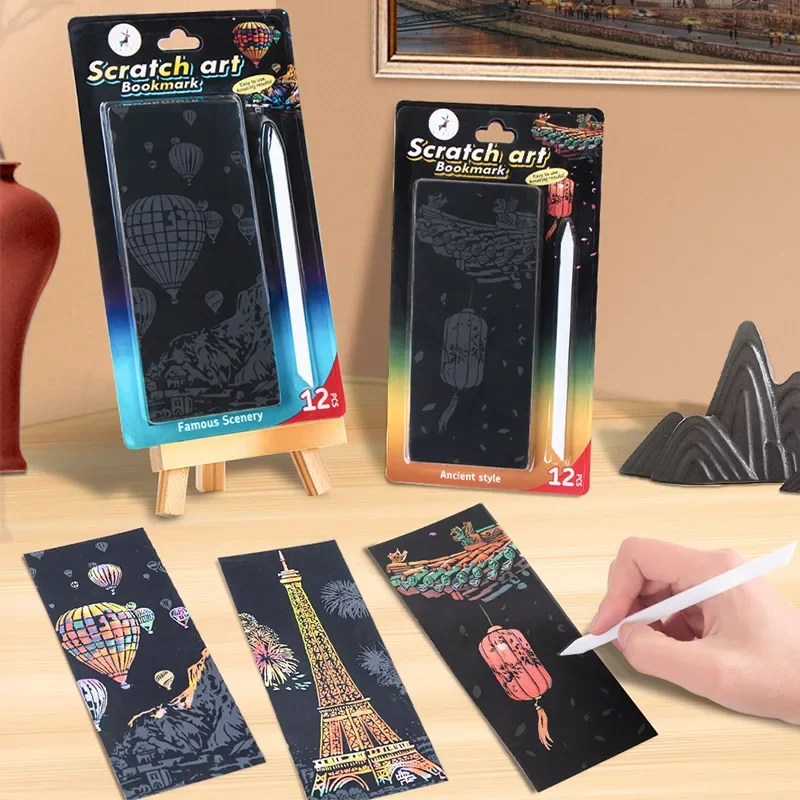 12 Sheets/Set Famous City Scratch Bookmarks DIY Coating Removal Craft Kit Training Drawing Handmade Book Markers Gift