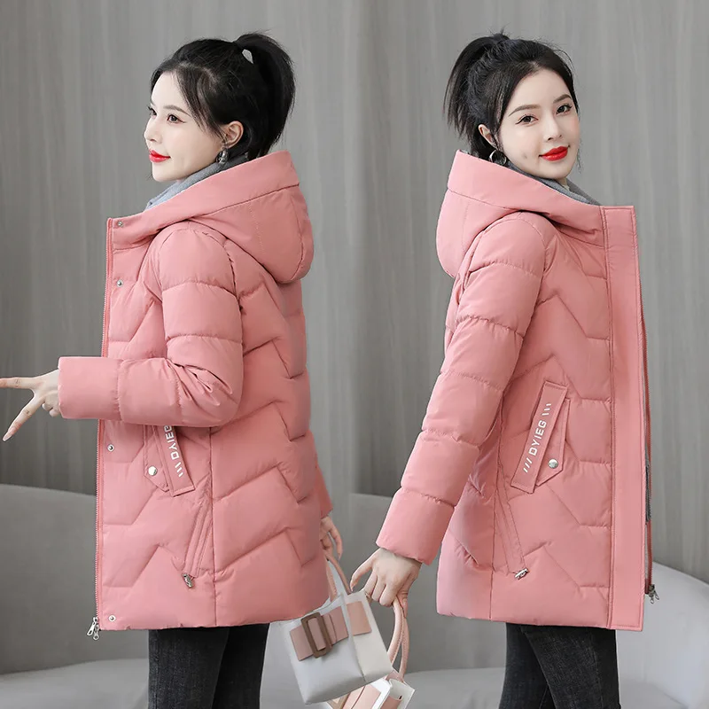 

Winter New Fashion Mid Length Women Thick Warm Jacket Casual Hooded Womens Solid Color Cotton Coat