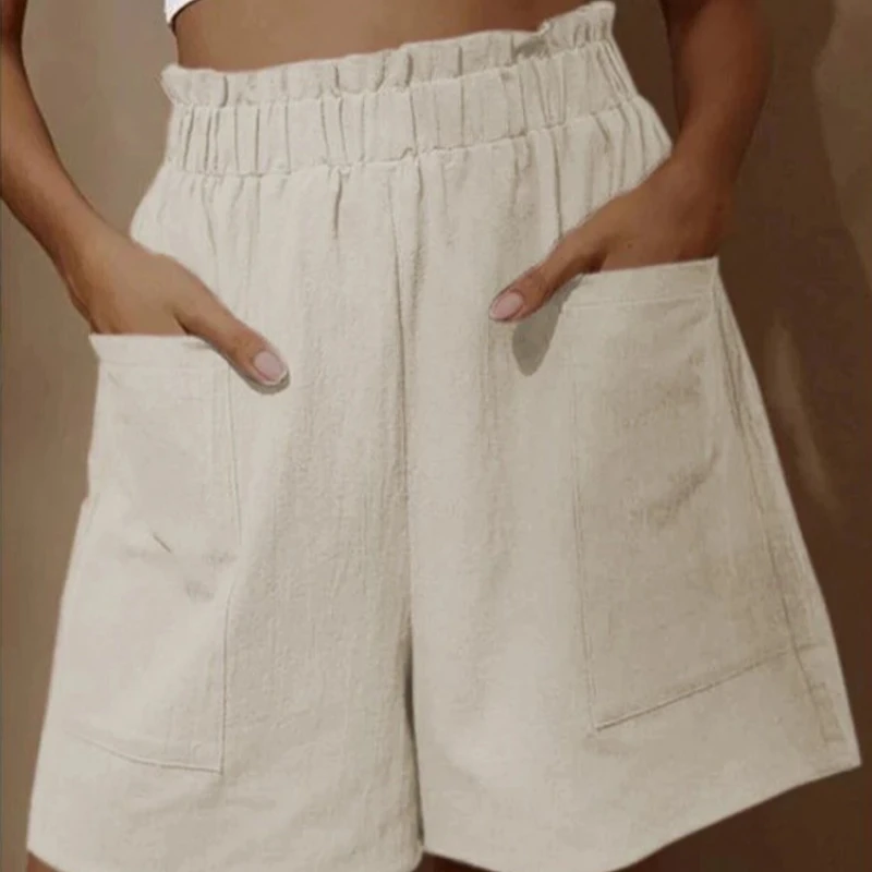 Summer New Loose Large Size Casual Shorts Women's Solid High Waist Casual Pants Two Pockets Wide Leg Pants Female Shorts Sport
