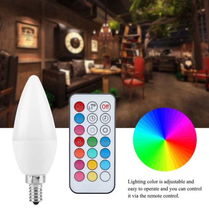 3W Multi Color Changing LED Candle Light Bulb AC85-265V With Remote Control(E12RGB+Warm White)