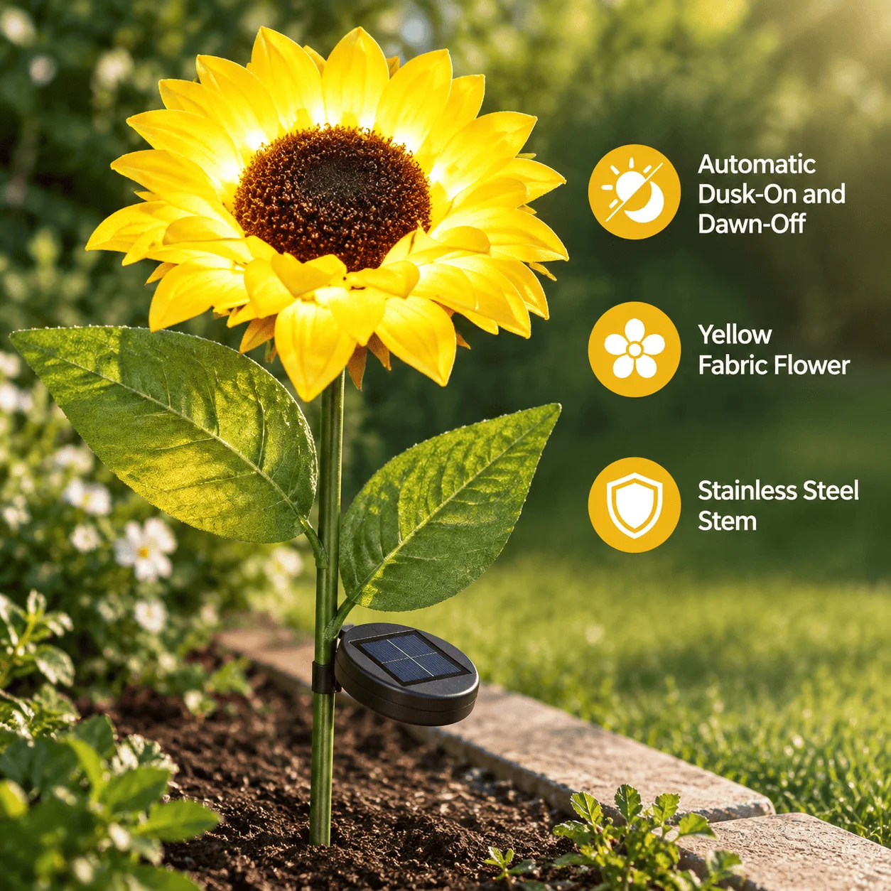 Solar Sunflower Garden Light, Automatic Dusk-On and Dawn-Off, Yellow Fabric Flower, Stainless Steel Stem, 31.5 x 6.7 Inch Size, for Garden Beds, Backyard Paths, Courtyards, Terraces and Porch Decoration, 31.5 x 6.7 inches