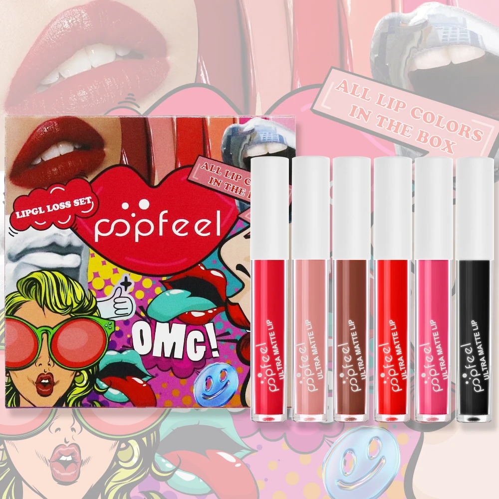 POPFEEL キャンディーカラー リップグロス&リップステイン 6個セット - 長持ち、転写しないフォーミュラ、あらゆる機会に最適、パーティーメイクに最適