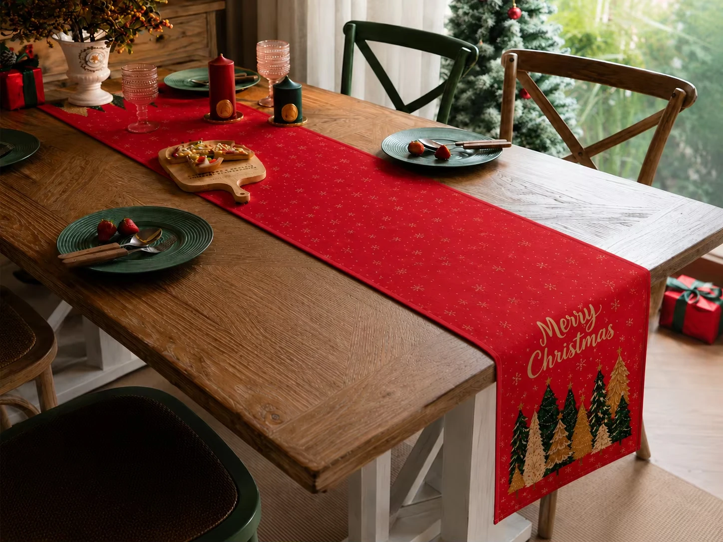 VIKAMA Christmas Holly Pine Branch Gingerbread Man Linen Table Runners Dresser Scarf Decor Washable Table Runners Christmas Dec