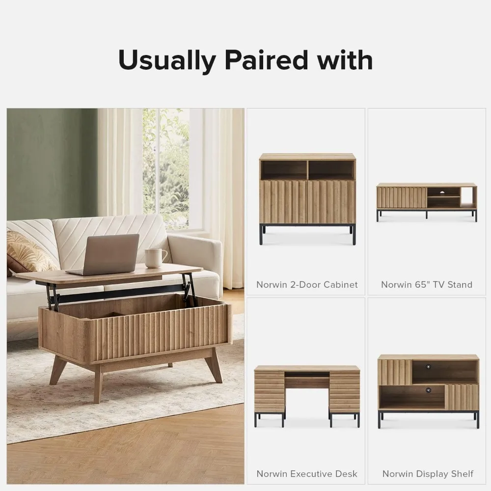 Living Room Lift Coffee Table, Medieval Style, with Lift Top and Hidden Storage Space, Grooved Panel, Adjustable Dining Table