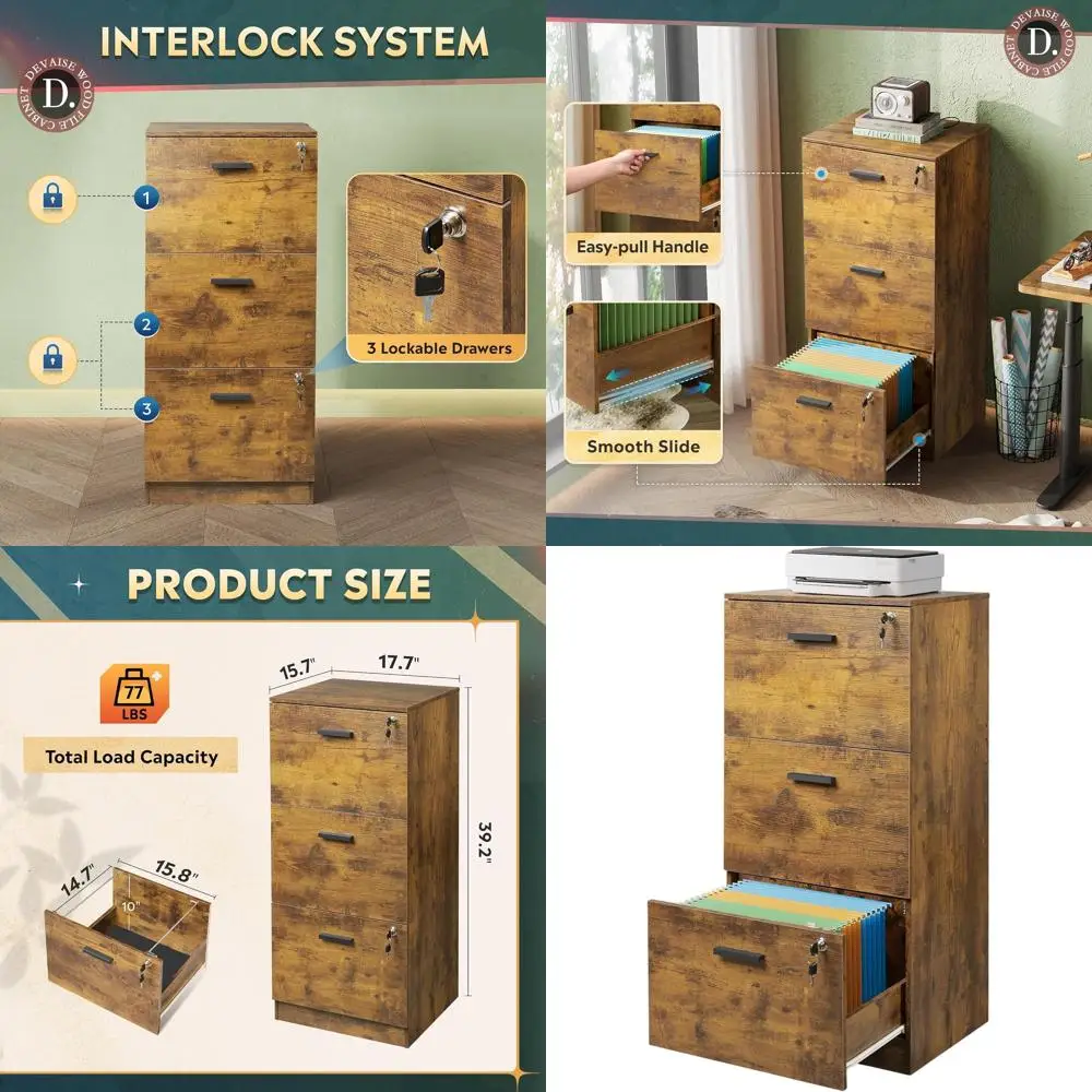 

Vertical Wooden File Cabinet with Lock, 3-Drawer Home Office Storage, Printer Stand for Letter & A4, Rustic Brown