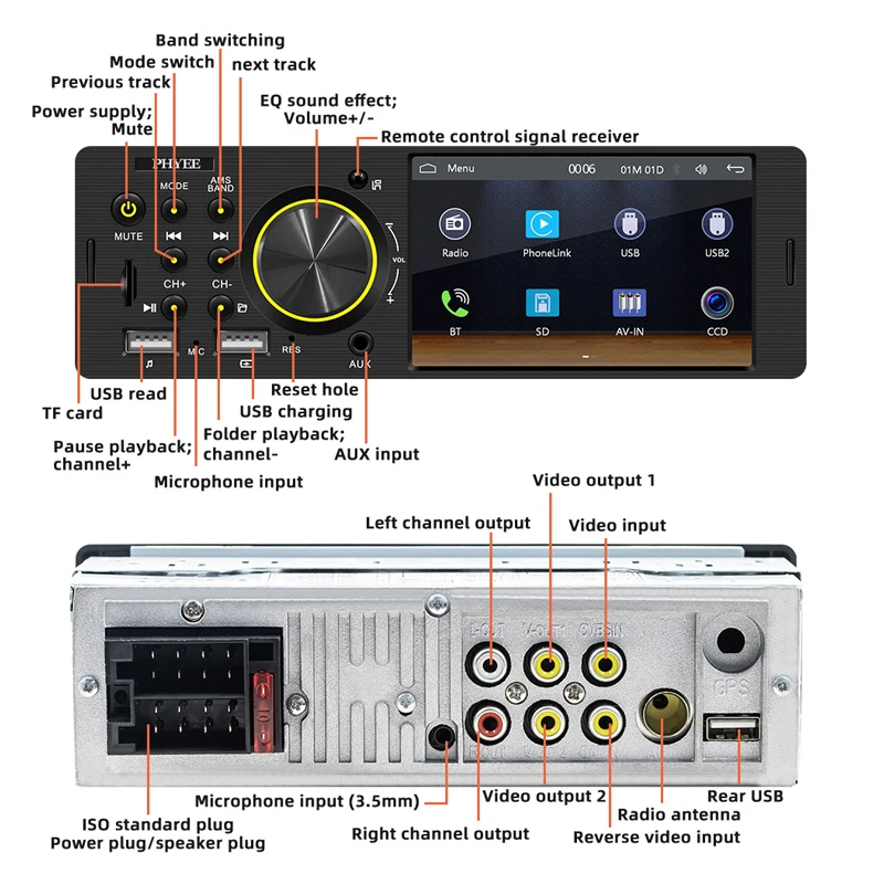 PHYEE 1 Din CarPlay Autoradio مع Android-Auto اللاسلكي، Bluetooth 5.0، RDS FM AM، USB/TF/AUX، وحدة رأس راديو السيارة 4 بوصة F7805WR