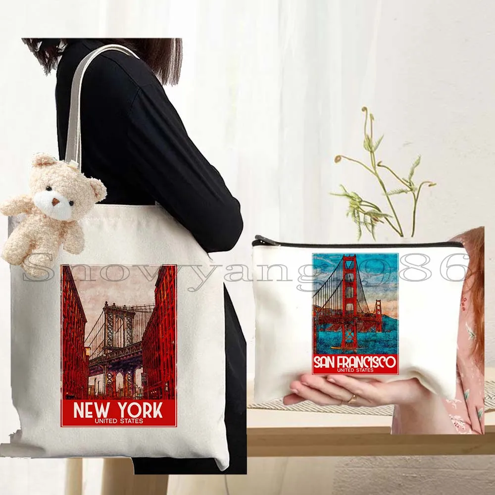 3pcs Las Vegas Milan Munich New York Ink Watercolor Painting Tote Bag Orlando Ottawa Paris Phuket Quebec Seattle Warsaw Handbag