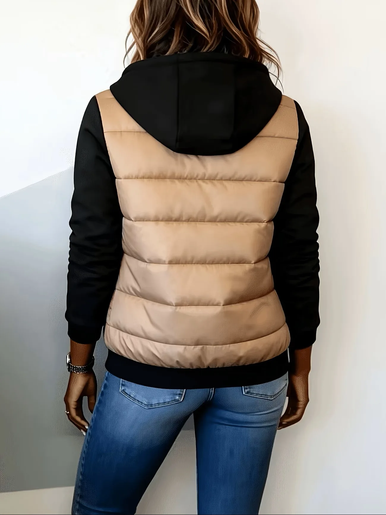 Women's Color Block Hooded Puffer Jacket -Quilted Zip Up Coat with Contrast Sweatshirt Sleeves, Casual Lightweight Winter Outer