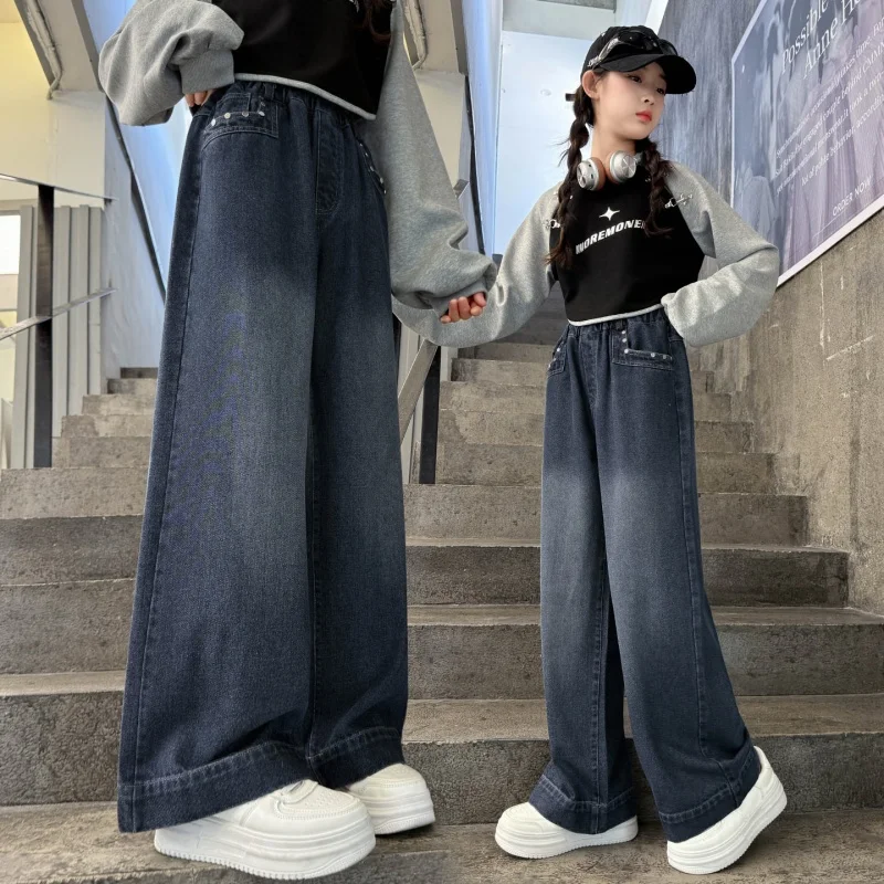 

Girls Jeans 4-14Year Teen Wide Leg Denim Teenage Vintage Trousers Toddler Girl Casual Fashion Denim Bottom Kids Softy Long Pants