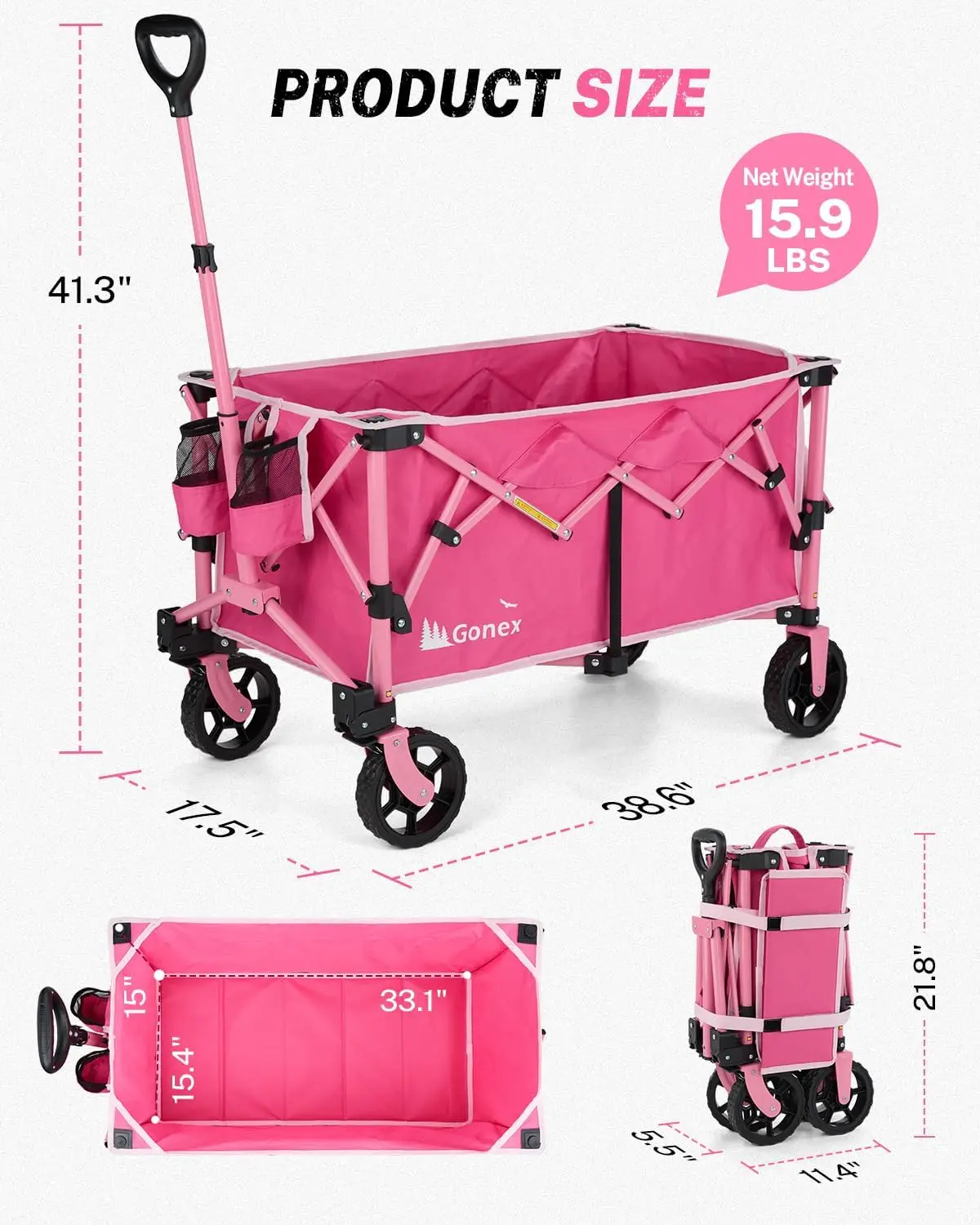 Pink Collapsible Foldable Wagon Cart for Grocery, Sports, Shopping, and Camping with 360lbs Weight Capacity and 220L Capacity