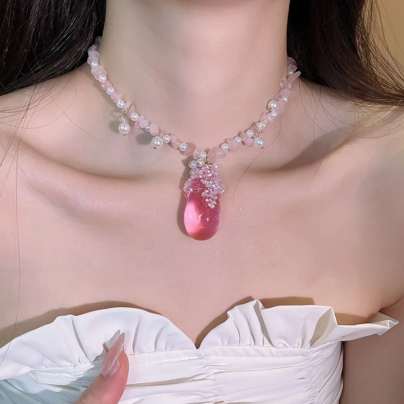 Minar Sweet Pink Color Irregular Natural Stone Simulated Pearl Acrylic Water Drop Pendant Necklaces for Women Strand Chokers