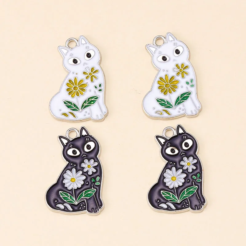 12Pcs Cartoon Flower Cat Charm Silver Color Enamel Pendant for Jewelry Making Cute Earring Necklace Accessories Diy Supplies