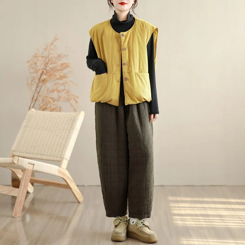 여성용 루즈핏 옐로우 코듀로이 조끼 코튼 자켓 가을 겨울 패션 캐주얼웨어 레트로 스타일 라운드 넥