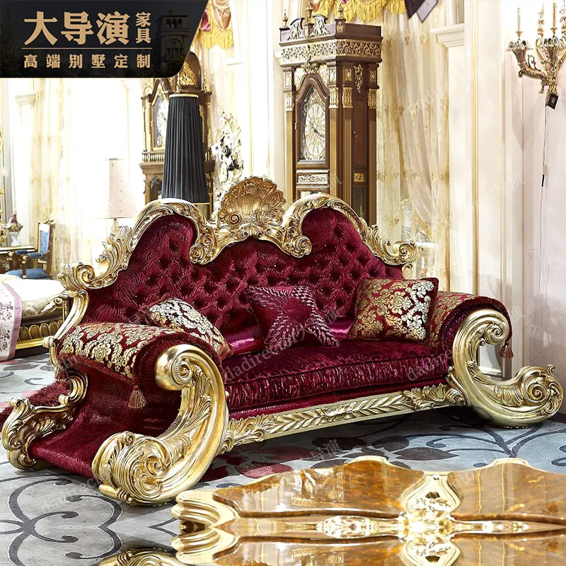 French luxury carved solid wood sofa villa palace gold foil sofa European living room fabric sofa furniture customization