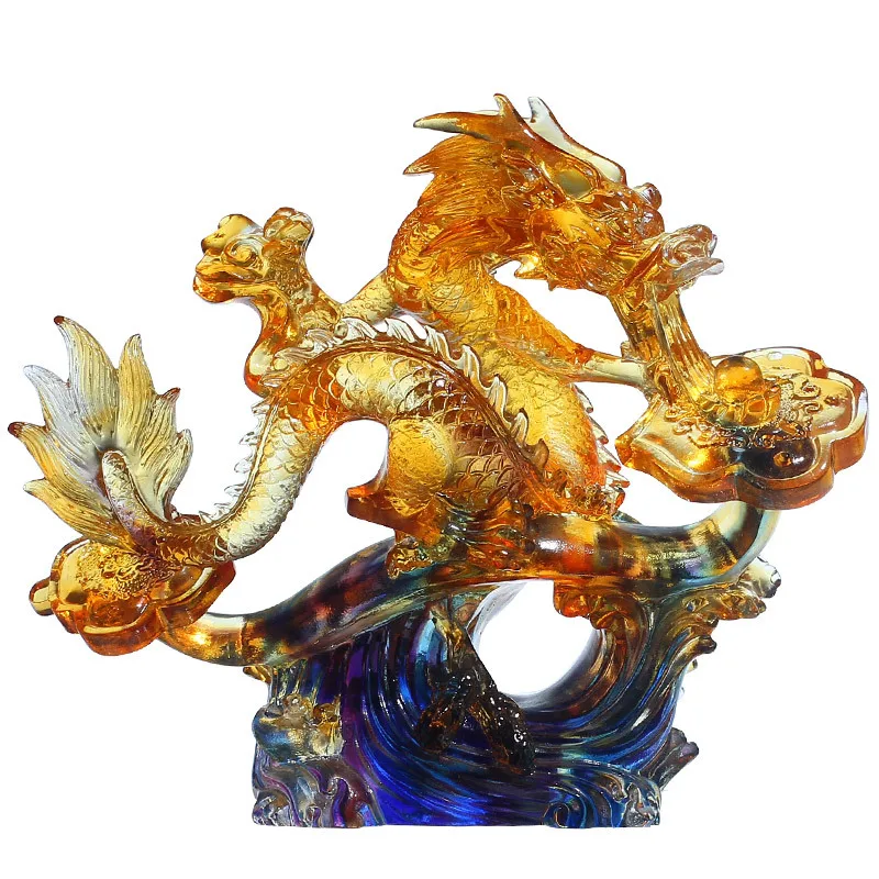 Glazed artwork Shuanglong play bead ornament crystal villa living room