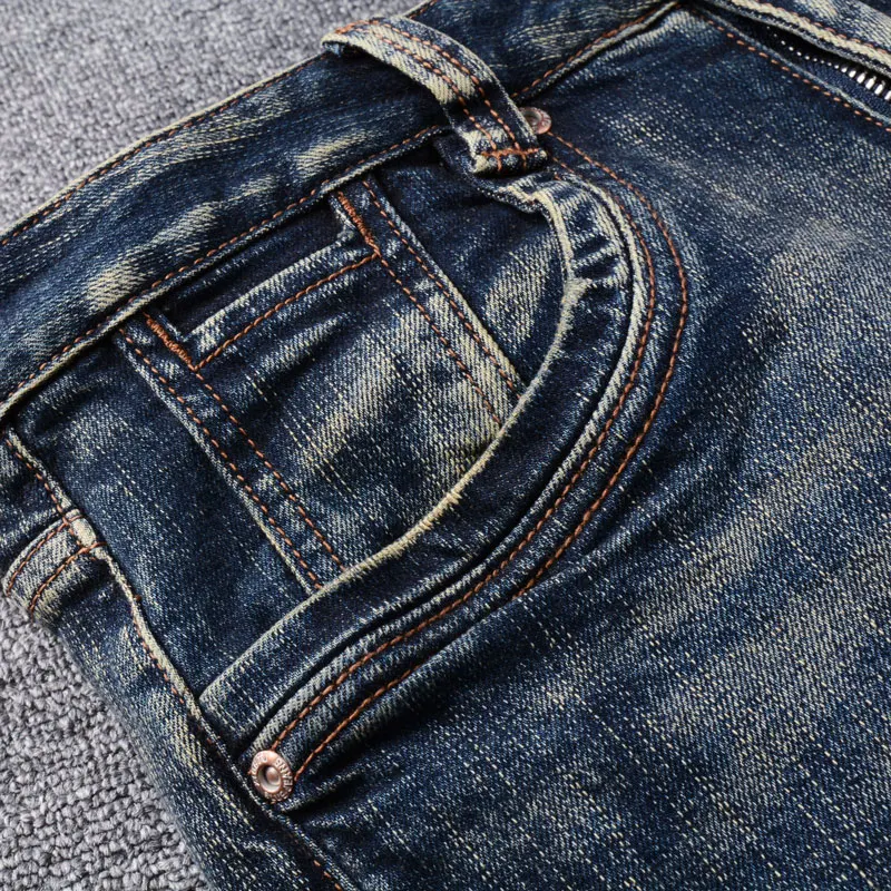 Fashion Vintage Men Jeans Retro Black Blue Stretch Slim Fit Ripped Jeans Men Embroidery Patched Designer Denim Pants Hombre