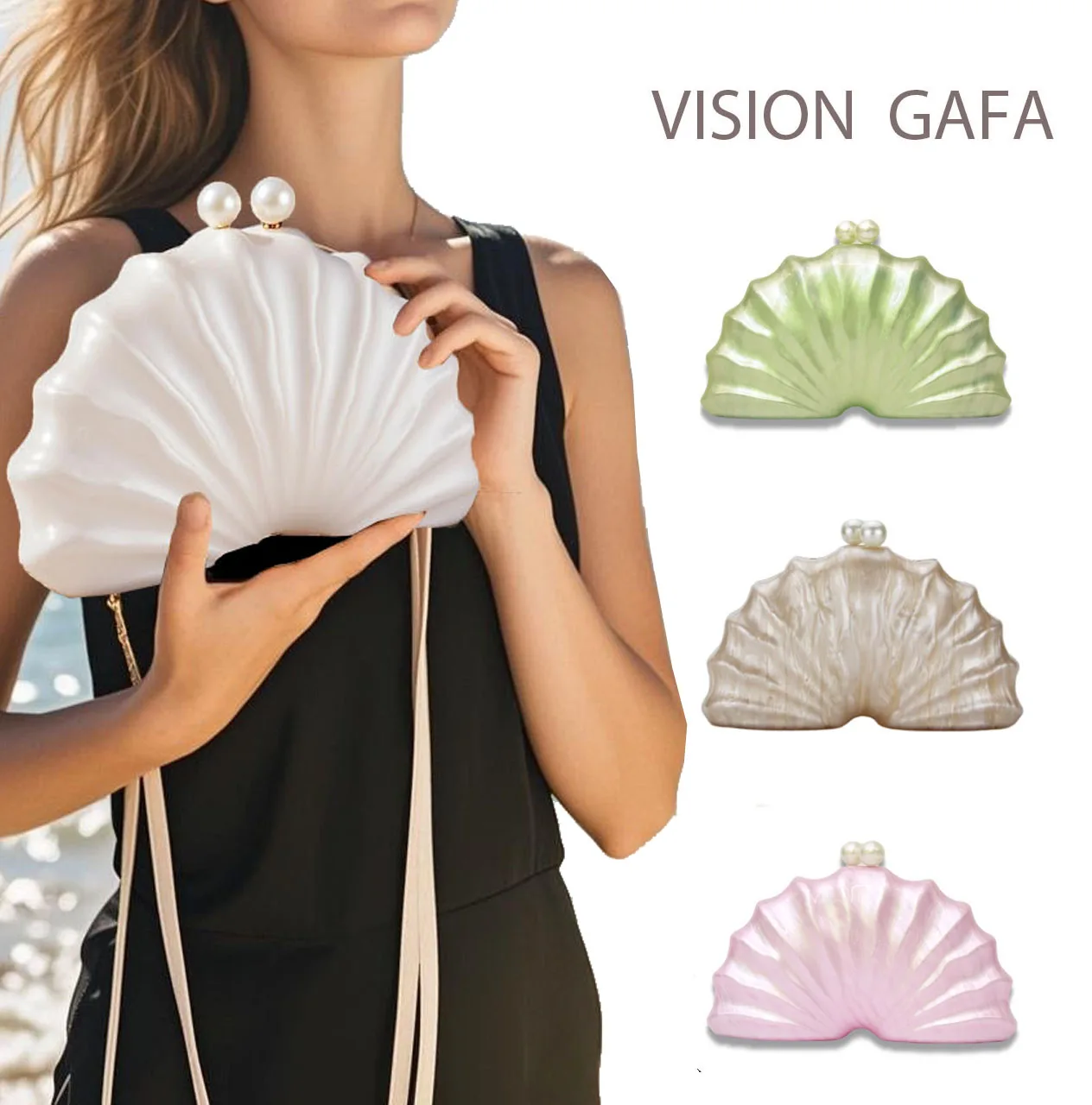 

2025Acrylic shell shape clutch bag women designer evening party cute purse white pink champagne shell handbag chain shoulder bag