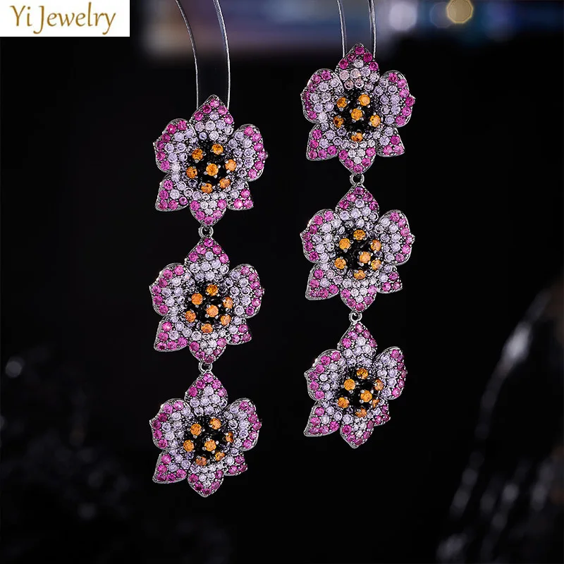 zirconia flower earrings long multicolor purple fushia white luxury jewelry wedding evening party women gift