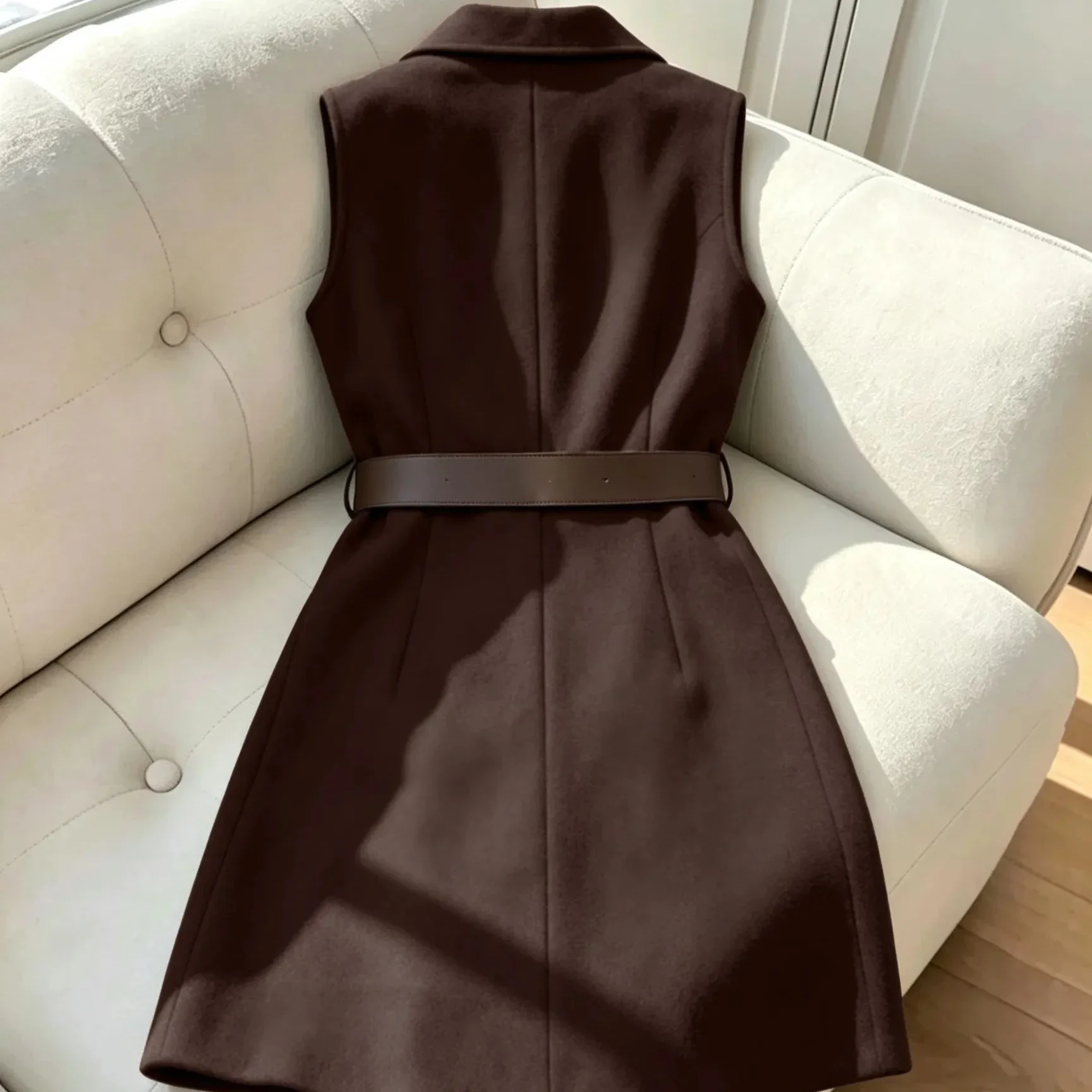Women's Dark Brown Sleeveless Blazer Midi Dress, Double Breasted Metal Buttons Belted Slim Waistcoat Dress