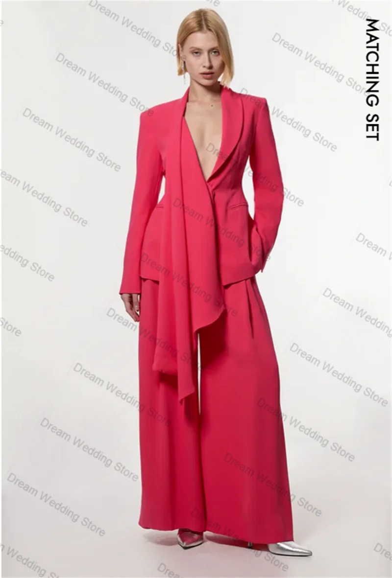 

Red Women Suit Set 2 Pcs Long Lapel Blazer+Pants Trousers Formal Office Lady Jacket Customized Autumn Wedding Tuxedos Coat