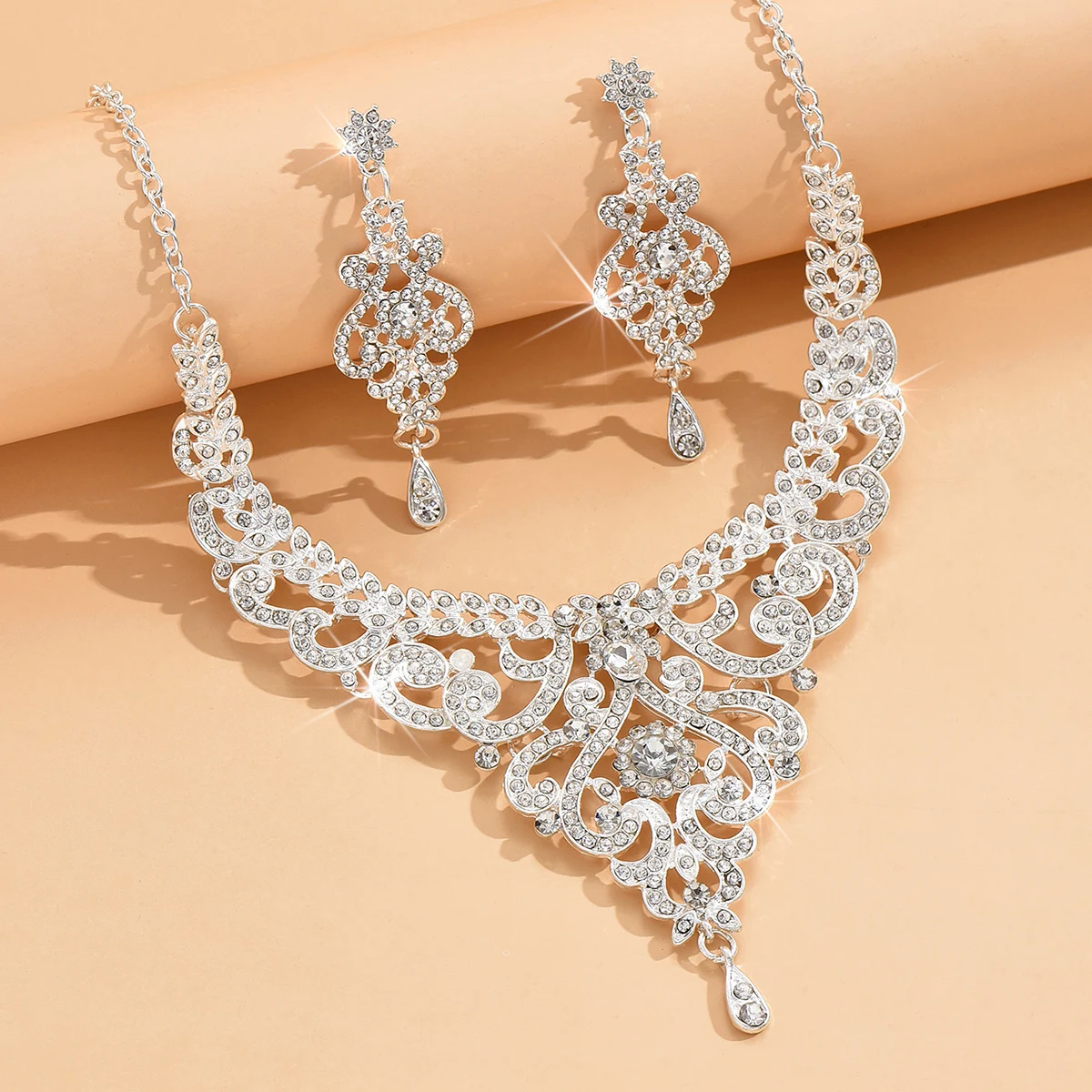 3pcs jewelry set high-end rhinestone women\'s earrings necklace wedding banquet women\'s accessories