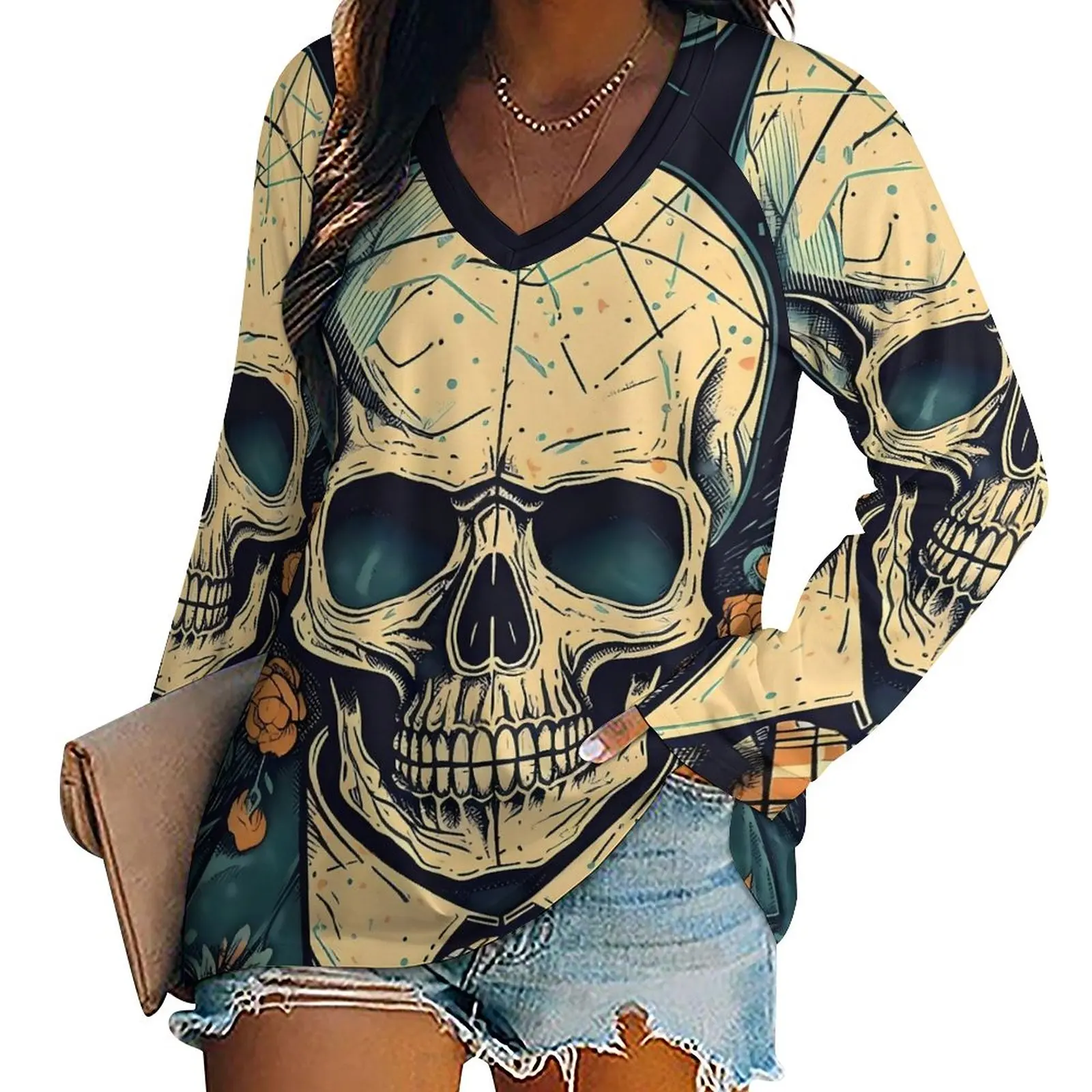 

Gothic Print T-Shirt Roses And Skull Funny Long Sleeve T-Shirts Street Fashion Oversize Tee Shirt Women Clothes Birthday Gift